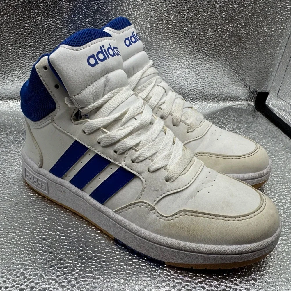 Size 4 Adidas Hoops 3.0 Mid Sneakers Kids White Blue Good IE0222 High Top